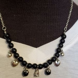 Paparazzi silvertone black bead necklace, hearts